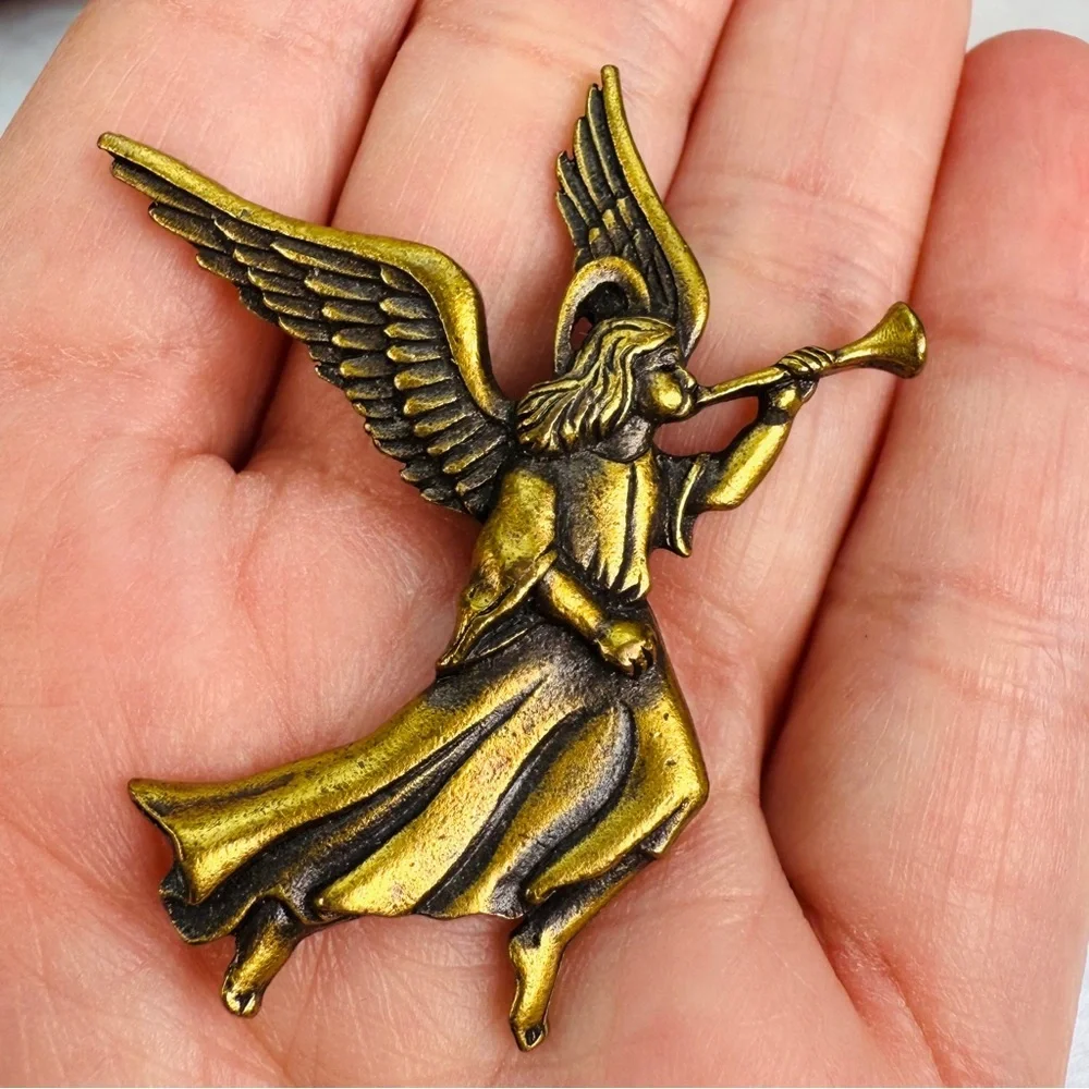 Vintage Brasstone Angel wings Horn Holiday Brooch Pin